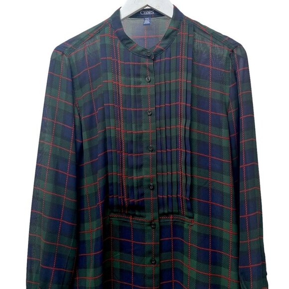 CHAPS Plaid Tunic Blouse Size Medium Navy Blue Green Plaid Chiffon Button Up Top - Picture 2 of 9